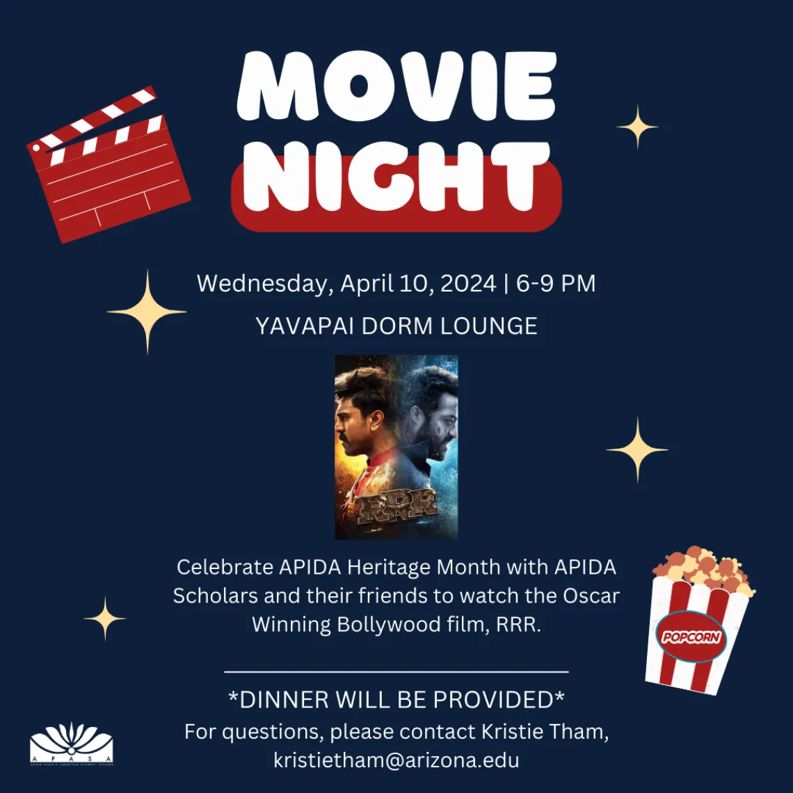 Navy Blue Flyer For APIDA Scholars Movie Showing of Oscar award winning Bollywood film RRR