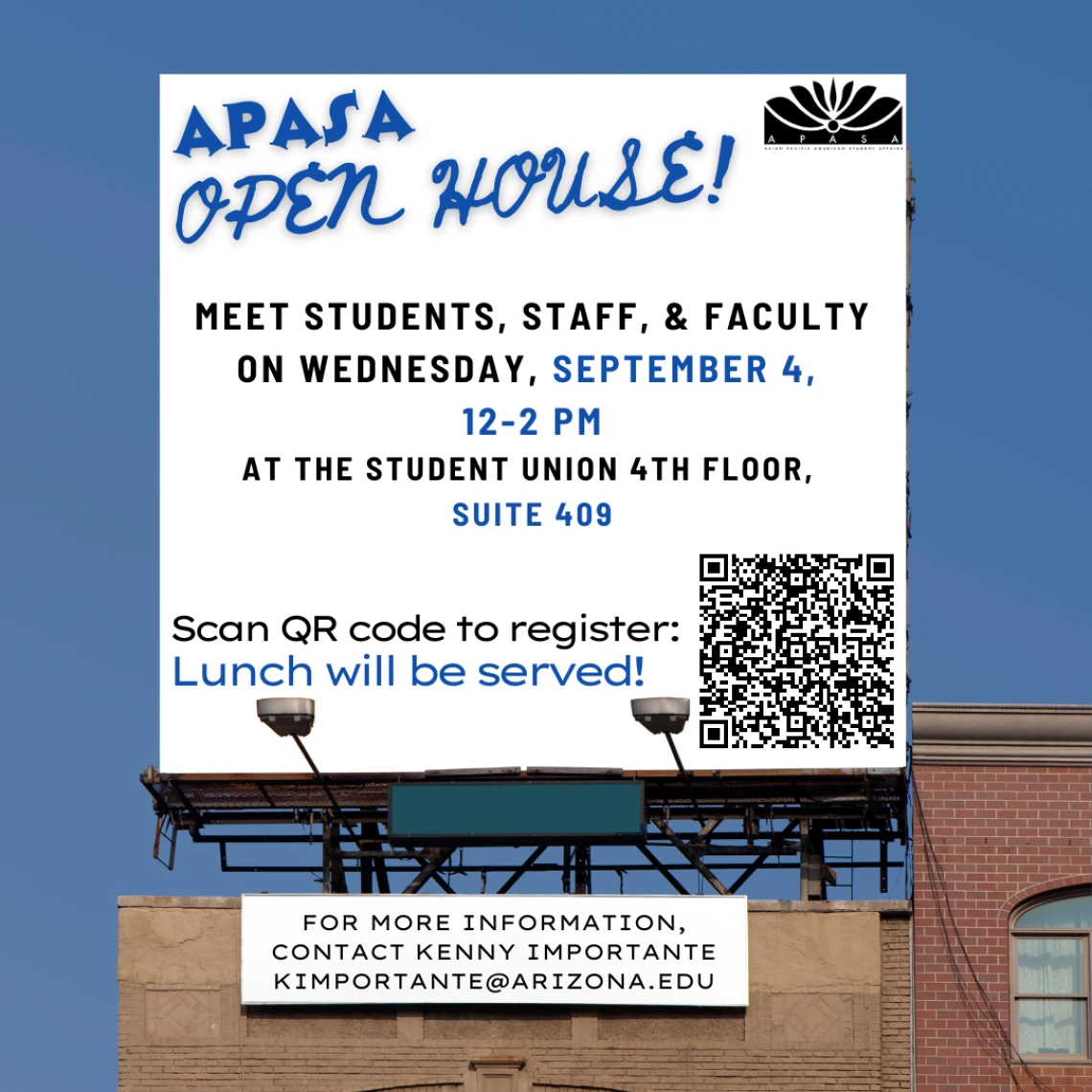 APASA Open House! Meet students, staff, and faculty on Wednesday, September 4, 12-2 PM at the Student Union Suite 409.